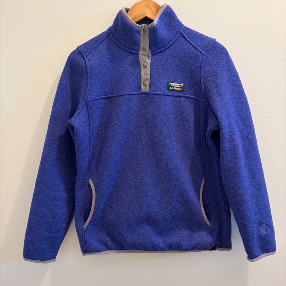 LL Bean Sweater Fleece Pullover Blue Marl Snap Neck 292726 Womens Small Reg